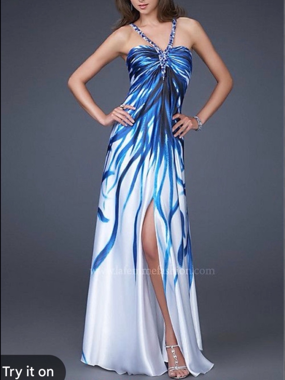 Caché Y2K Rhinestone Halter Blue Abstract Maxi Homecoming/ Prom Dress Size 10
